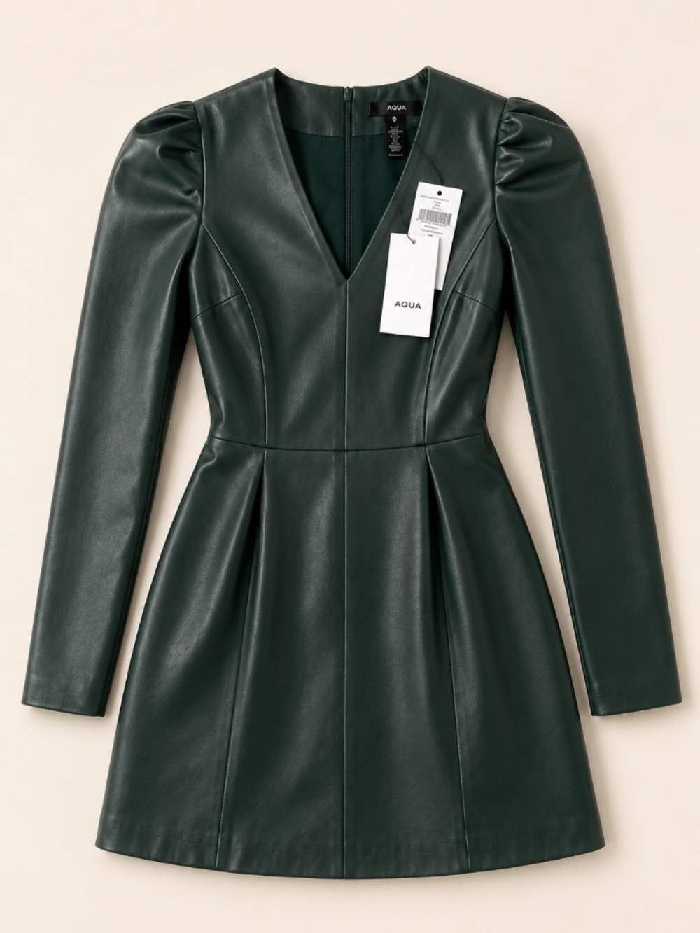 AQUA Bottle Green Faux Leather Puff Sleeve Mini Dress Size 4 NWT